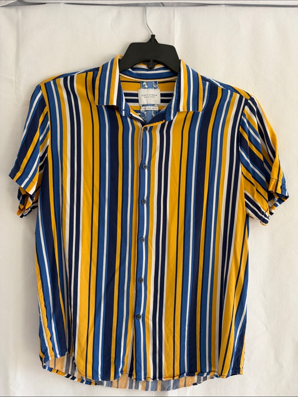 Cactus ManVertical Stripe Short Sleeve Button-Down Shirt — Blue, Mustard & White